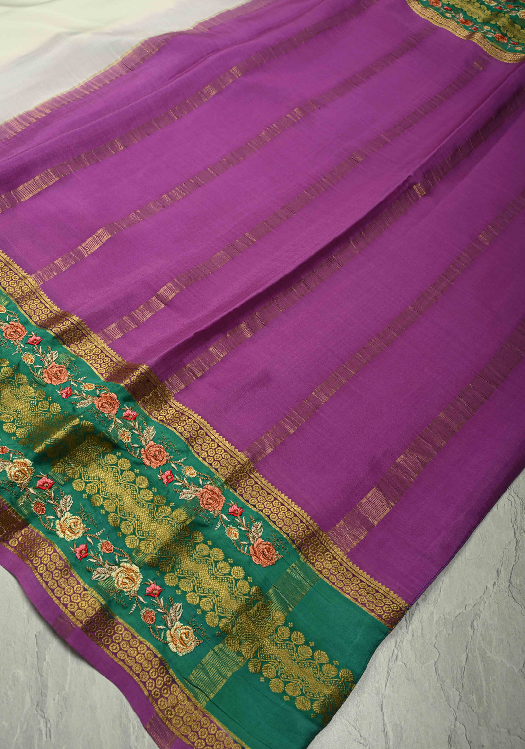 Ivory Mysore silk saree with Floral  Machine Embroidery on Contrast  Border  | SILK MARK CERTIFIED