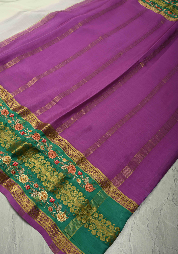 Ivory Mysore silk saree with Floral  Machine Embroidery on Contrast  Border  | SILK MARK CERTIFIED