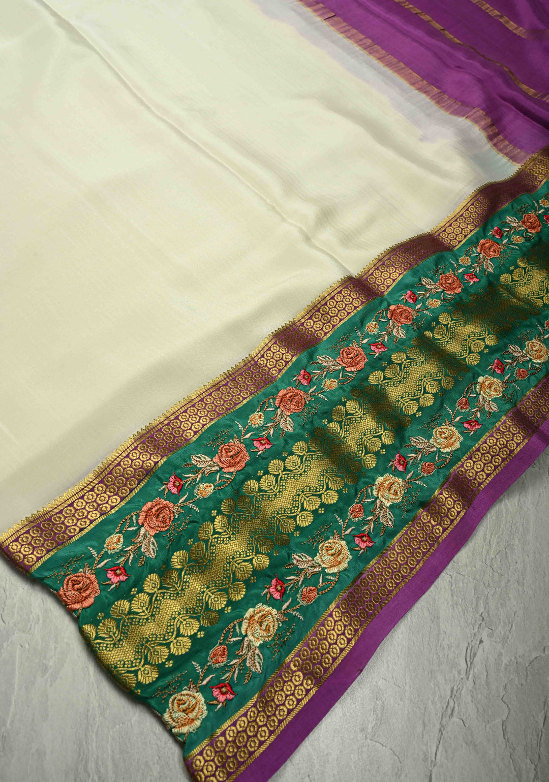 Ivory Mysore silk saree with Floral  Machine Embroidery on Contrast  Border  | SILK MARK CERTIFIED