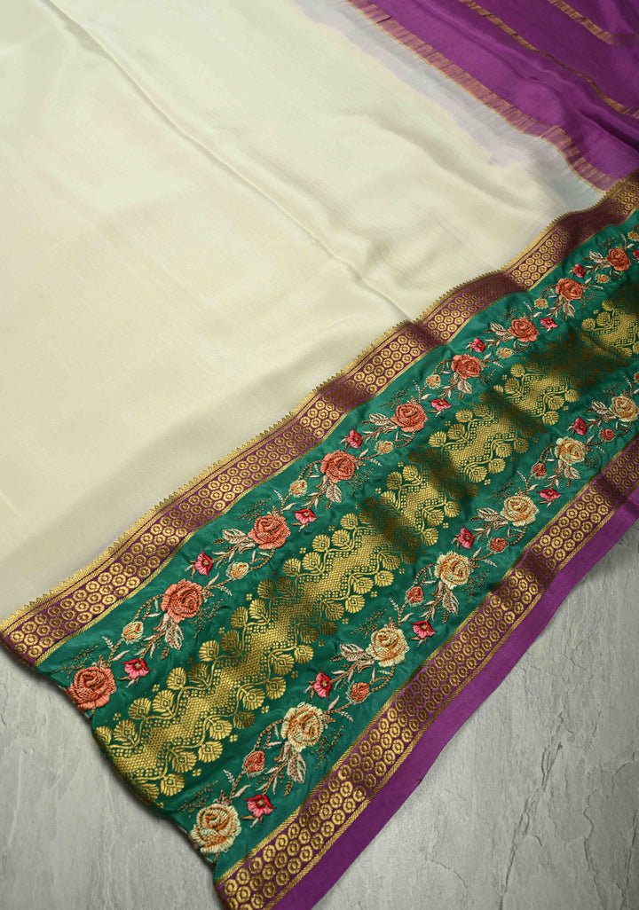 Ivory Mysore silk saree with Floral  Machine Embroidery on Contrast  Border  | SILK MARK CERTIFIED