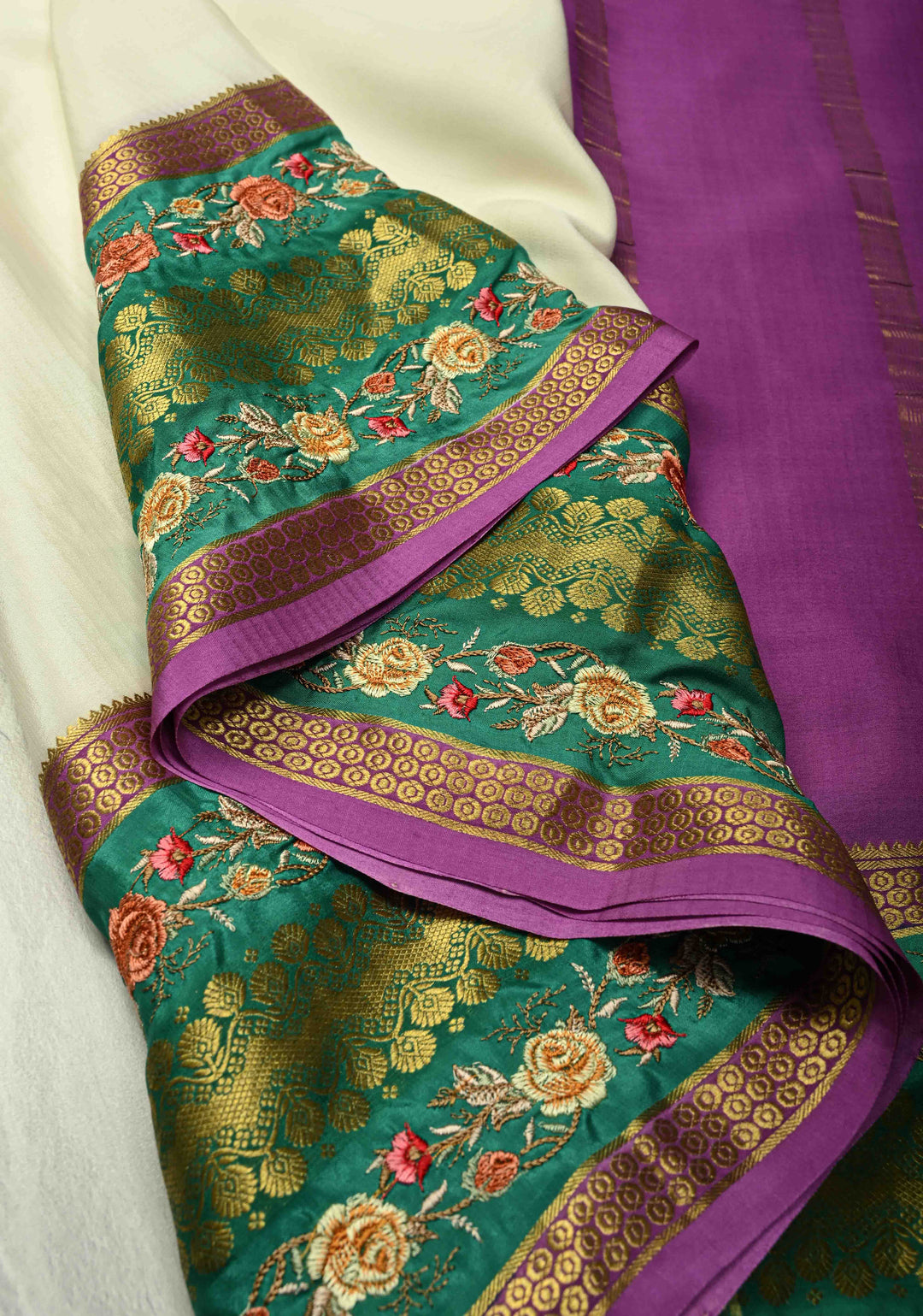 Ivory Mysore silk saree with Floral  Machine Embroidery on Contrast  Border  | SILK MARK CERTIFIED