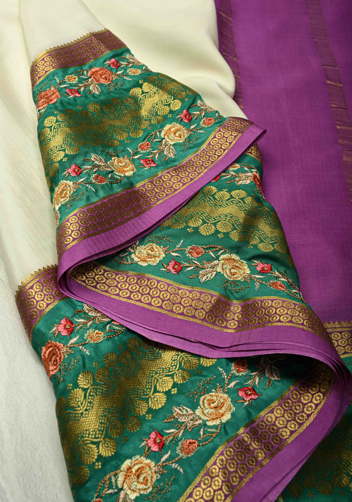 Ivory Mysore silk saree with Floral  Machine Embroidery on Contrast  Border  | SILK MARK CERTIFIED