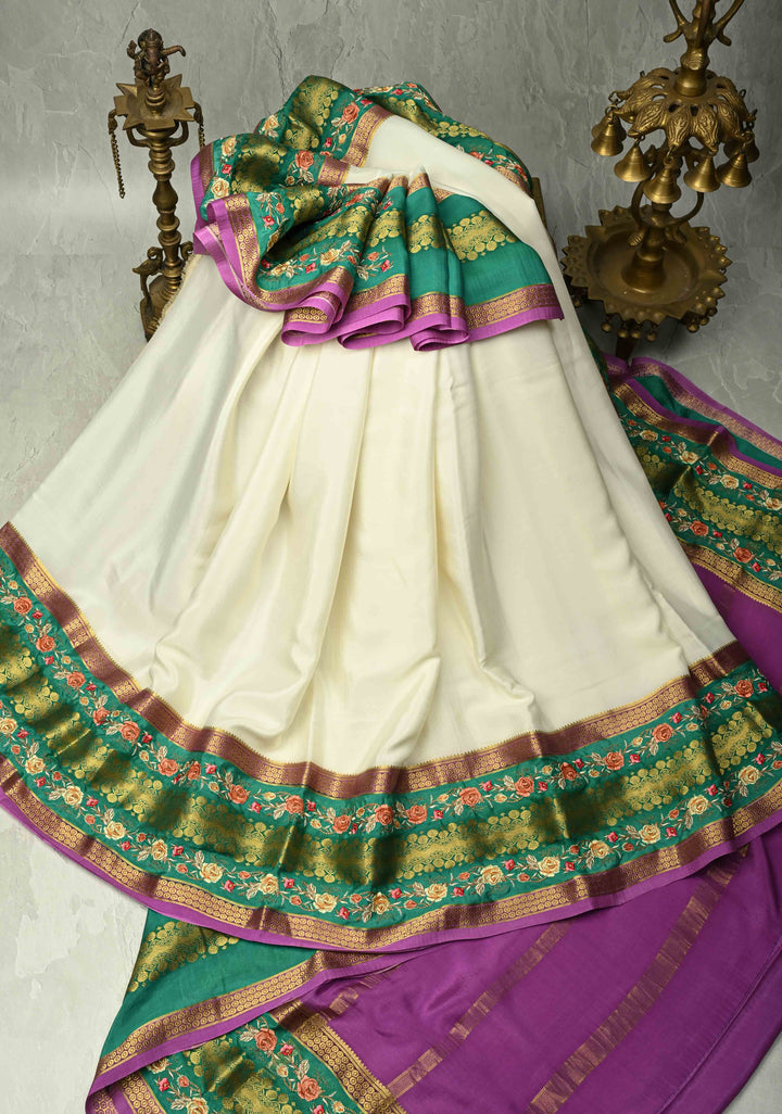 Ivory Mysore silk saree with Floral  Machine Embroidery on Contrast  Border  | SILK MARK CERTIFIED