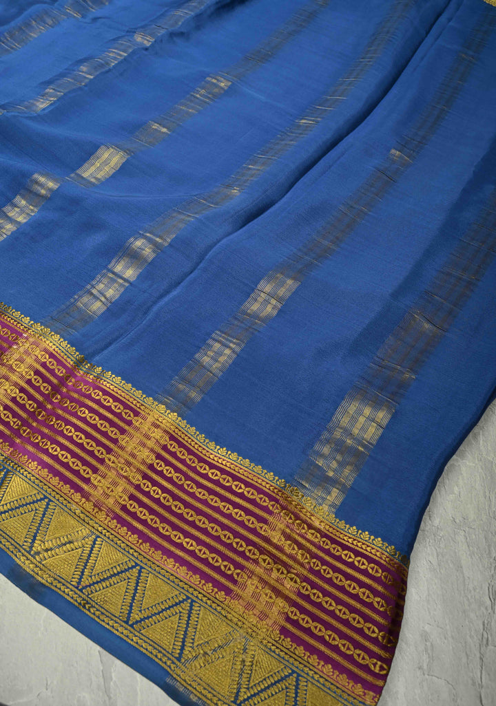 Pastel Hued horizontal Zari stripes Pure Mysore Silk Saree with Parsi Gara machine embroidery and zari border | SILK MARK CERTIFIED