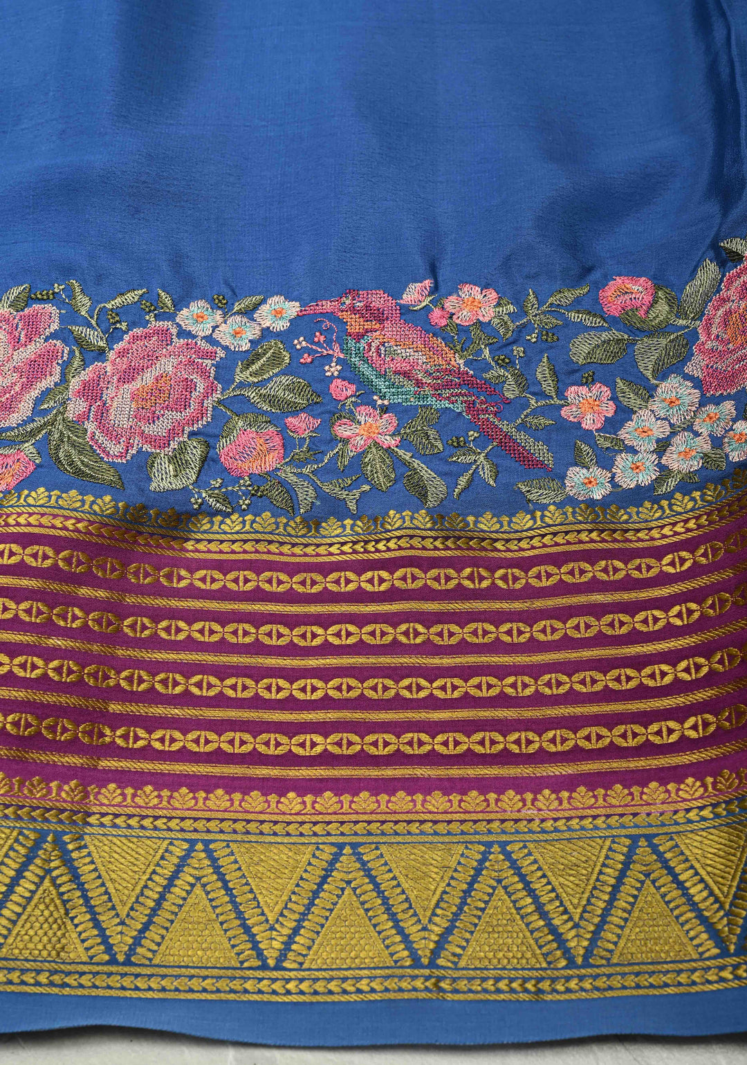 Pastel Hued horizontal Zari stripes Pure Mysore Silk Saree with Parsi Gara machine embroidery and zari border | SILK MARK CERTIFIED