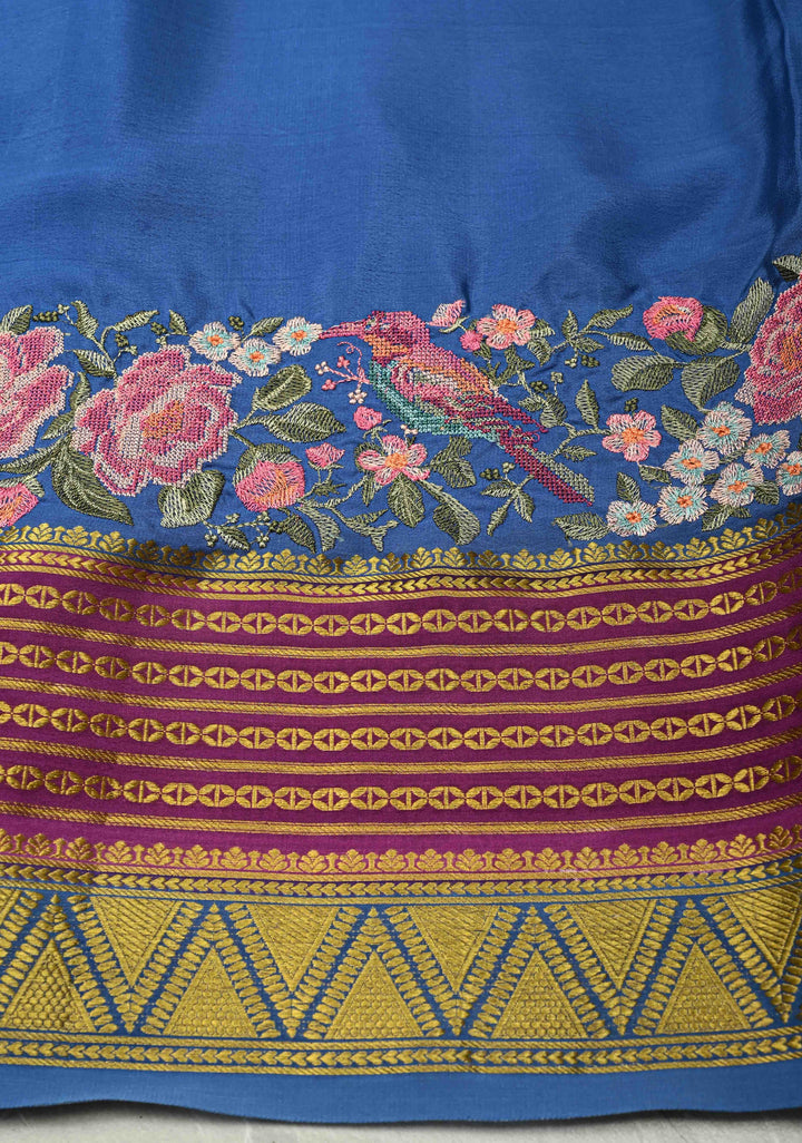 Pastel Hued horizontal Zari stripes Pure Mysore Silk Saree with Parsi Gara machine embroidery and zari border | SILK MARK CERTIFIED