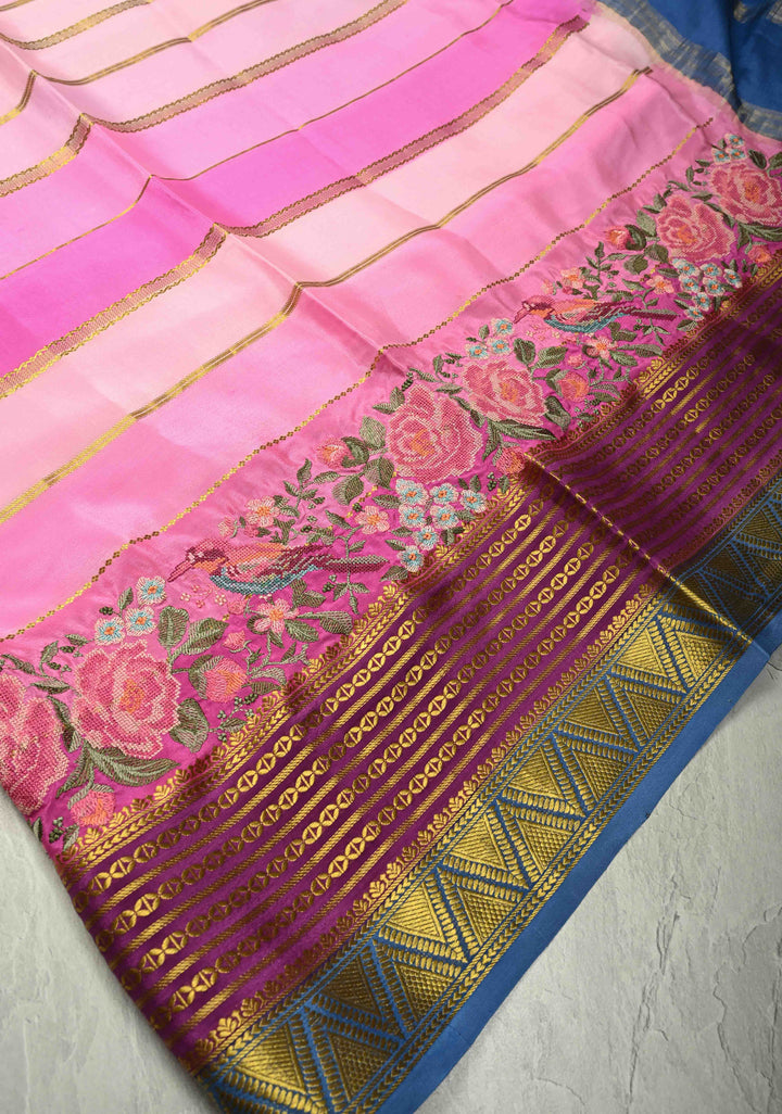 Pastel Hued horizontal Zari stripes Pure Mysore Silk Saree with Parsi Gara machine embroidery and zari border | SILK MARK CERTIFIED