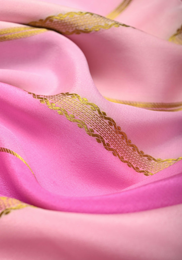 Pastel Hued horizontal Zari stripes Pure Mysore Silk Saree with Parsi Gara machine embroidery and zari border | SILK MARK CERTIFIED