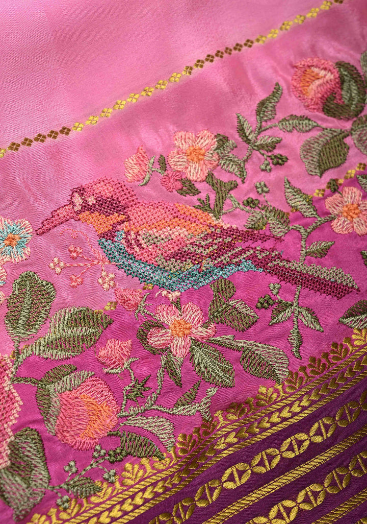 Pastel Hued horizontal Zari stripes Pure Mysore Silk Saree with Parsi Gara machine embroidery and zari border | SILK MARK CERTIFIED