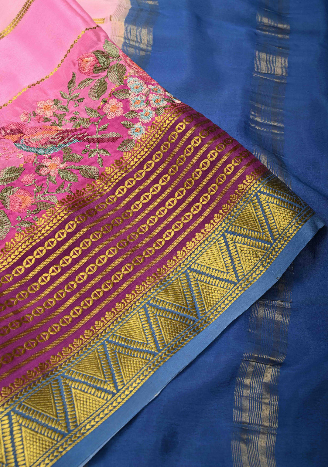 Pastel Hued horizontal Zari stripes Pure Mysore Silk Saree with Parsi Gara machine embroidery and zari border | SILK MARK CERTIFIED