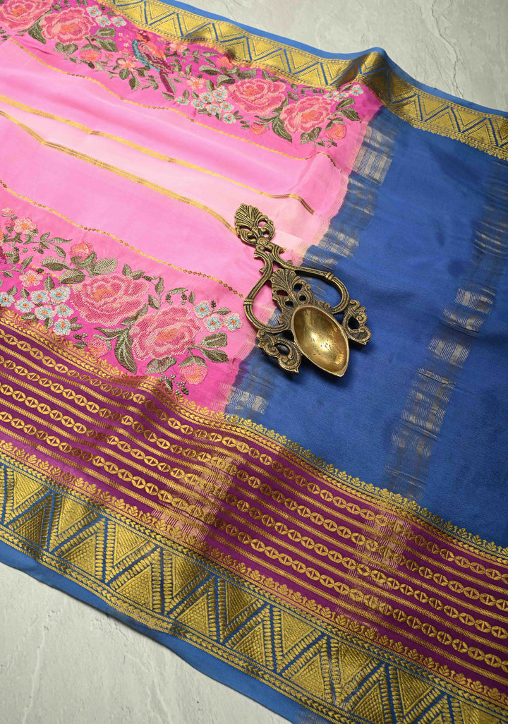 Pastel Hued horizontal Zari stripes Pure Mysore Silk Saree with Parsi Gara machine embroidery and zari border | SILK MARK CERTIFIED