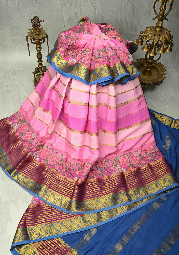 Pastel Hued horizontal Zari stripes Pure Mysore Silk Saree with Parsi Gara machine embroidery and zari border | SILK MARK CERTIFIED