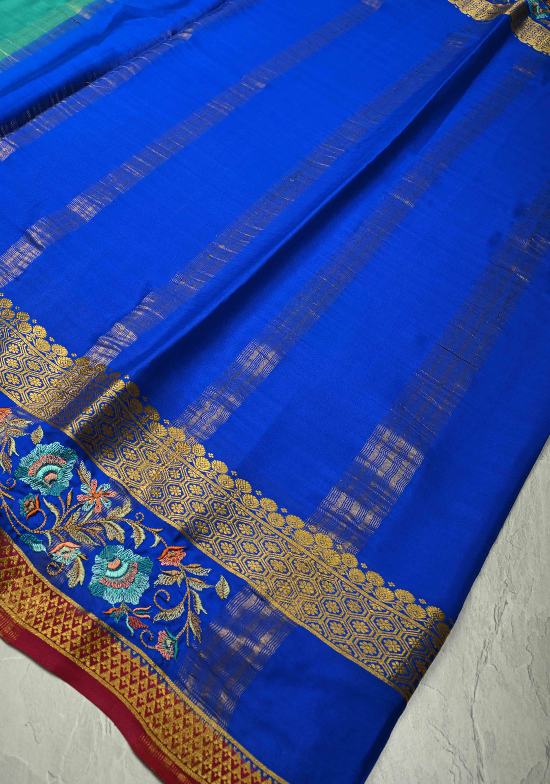 Rama Green  Mysore silk saree with Floral  Machine Embroidery on Contrast  Border  | SILK MARK CERTIFIED