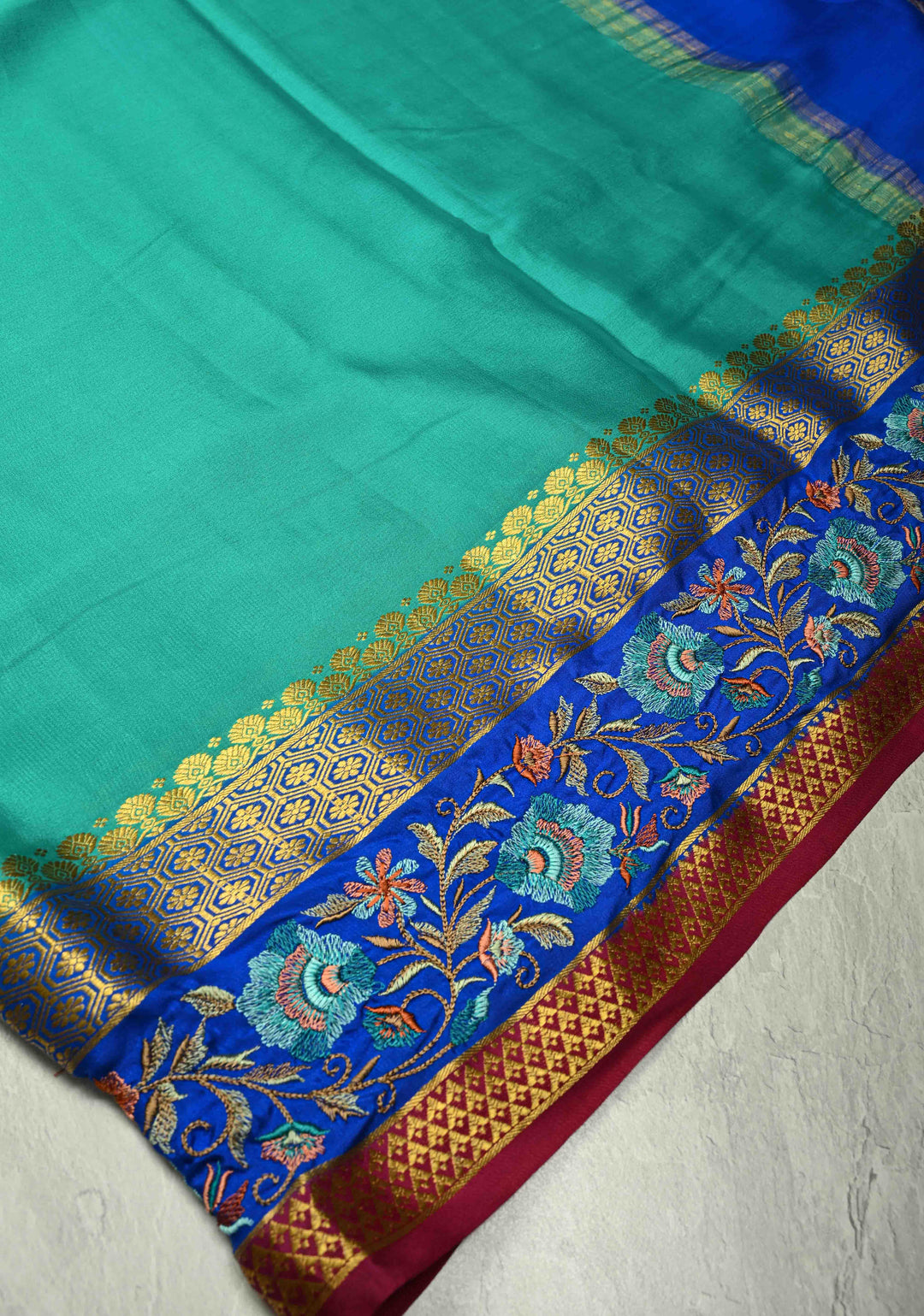 Rama Green  Mysore silk saree with Floral  Machine Embroidery on Contrast  Border  | SILK MARK CERTIFIED
