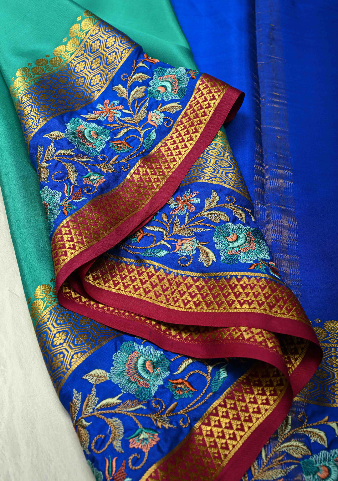 Rama Green  Mysore silk saree with Floral  Machine Embroidery on Contrast  Border  | SILK MARK CERTIFIED