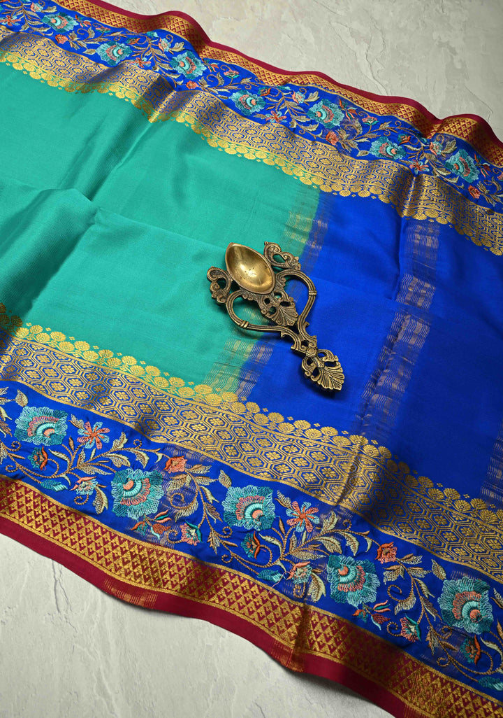 Rama Green  Mysore silk saree with Floral  Machine Embroidery on Contrast  Border  | SILK MARK CERTIFIED