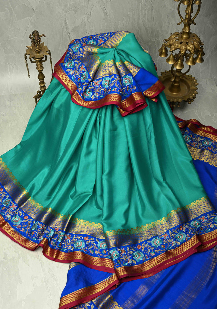 Rama Green  Mysore silk saree with Floral  Machine Embroidery on Contrast  Border  | SILK MARK CERTIFIED