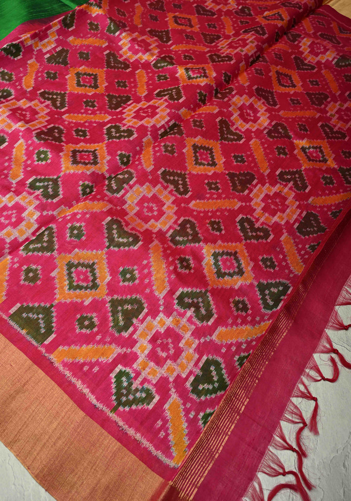 Green Pure Raw Silk Saree with Floral Embroidery and Ikkat Pallu and Blouse Piece | SILK MARK CERTIFIED