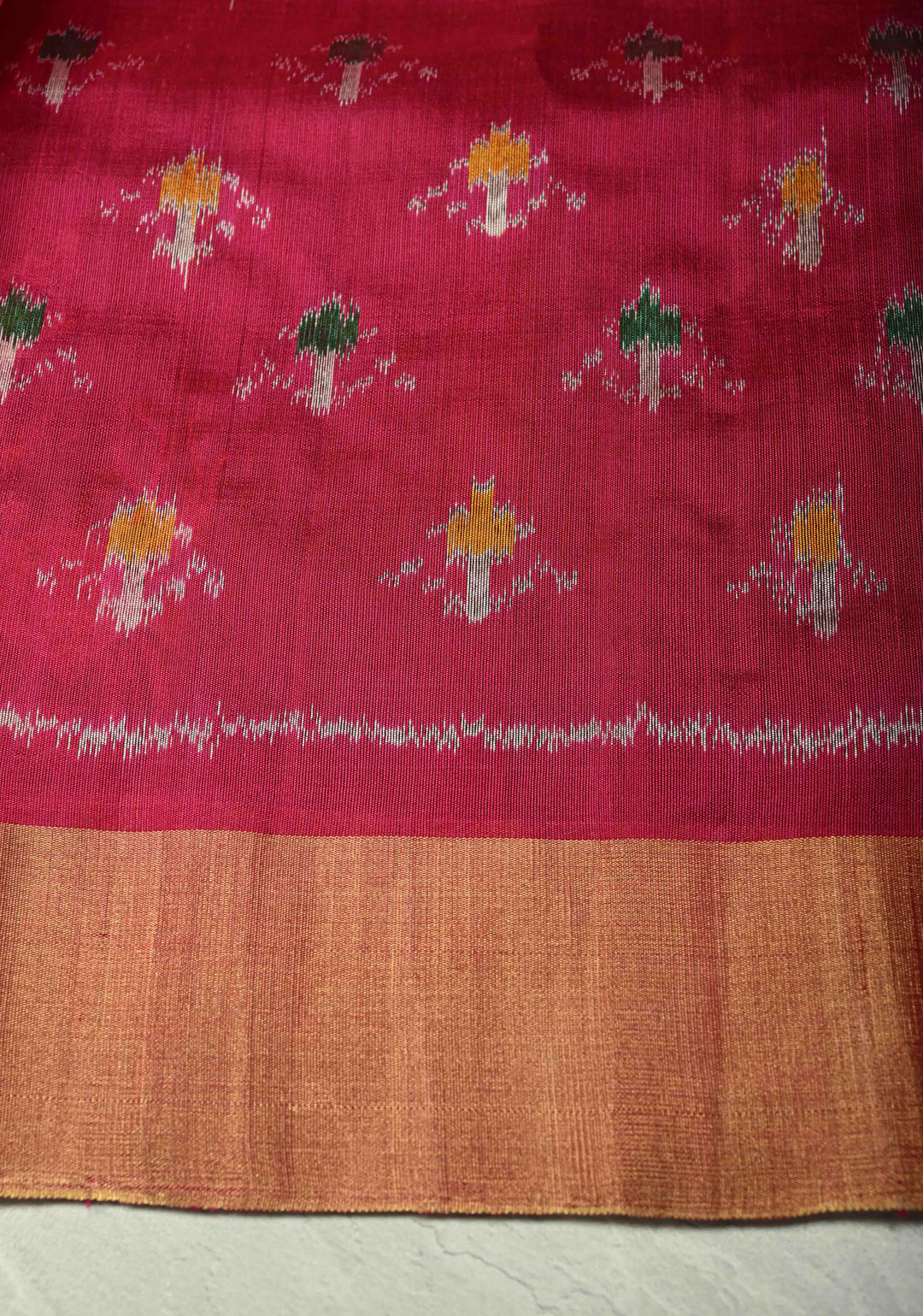 Green Pure Raw Silk Saree with Floral Embroidery and Ikkat Pallu and Blouse Piece | SILK MARK CERTIFIED