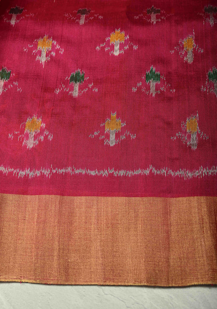 Green Pure Raw Silk Saree with Floral Embroidery and Ikkat Pallu and Blouse Piece | SILK MARK CERTIFIED