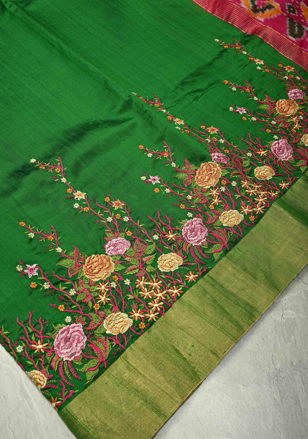 Green Pure Raw Silk Saree with Floral Embroidery and Ikkat Pallu and Blouse Piece | SILK MARK CERTIFIED
