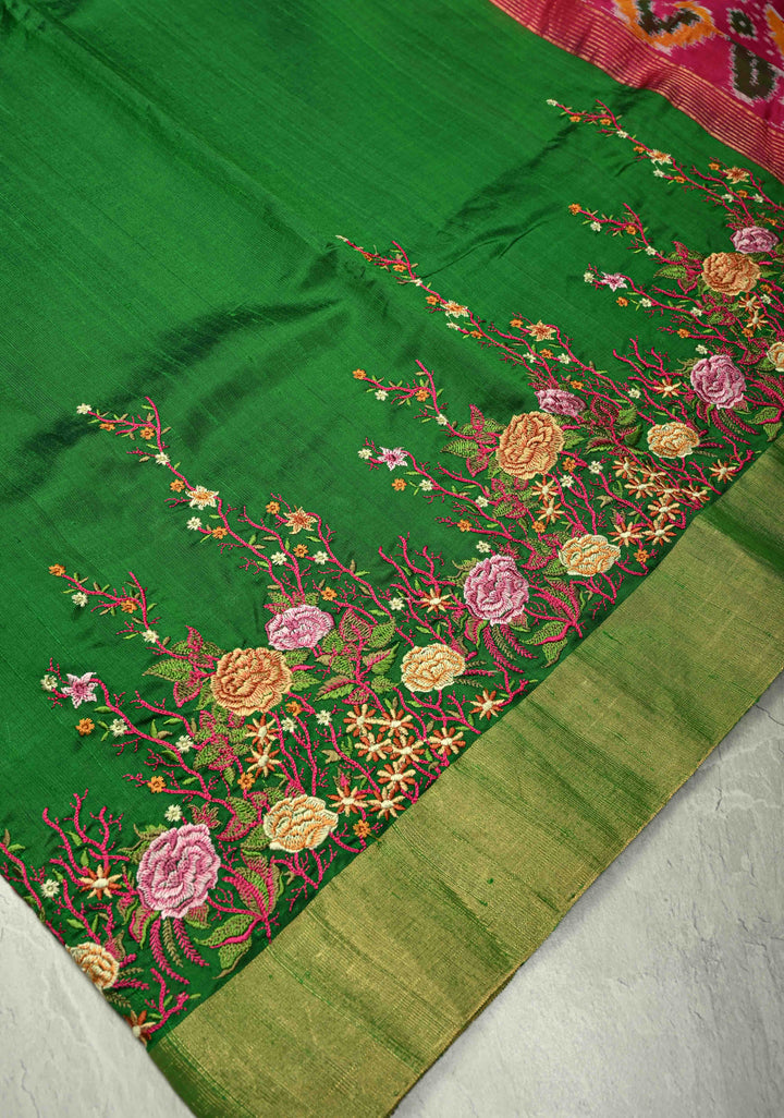Green Pure Raw Silk Saree with Floral Embroidery and Ikkat Pallu and Blouse Piece | SILK MARK CERTIFIED