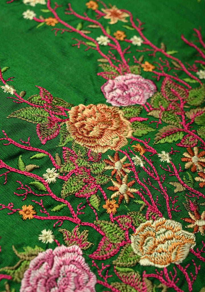 Green Pure Raw Silk Saree with Floral Embroidery and Ikkat Pallu and Blouse Piece | SILK MARK CERTIFIED