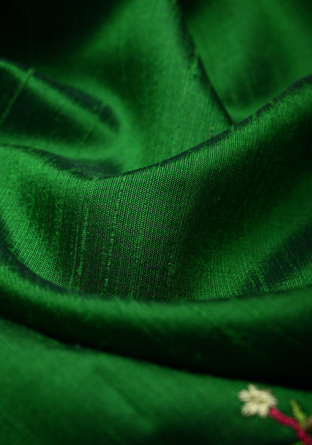 Green Pure Raw Silk Saree with Floral Embroidery and Ikkat Pallu and Blouse Piece | SILK MARK CERTIFIED