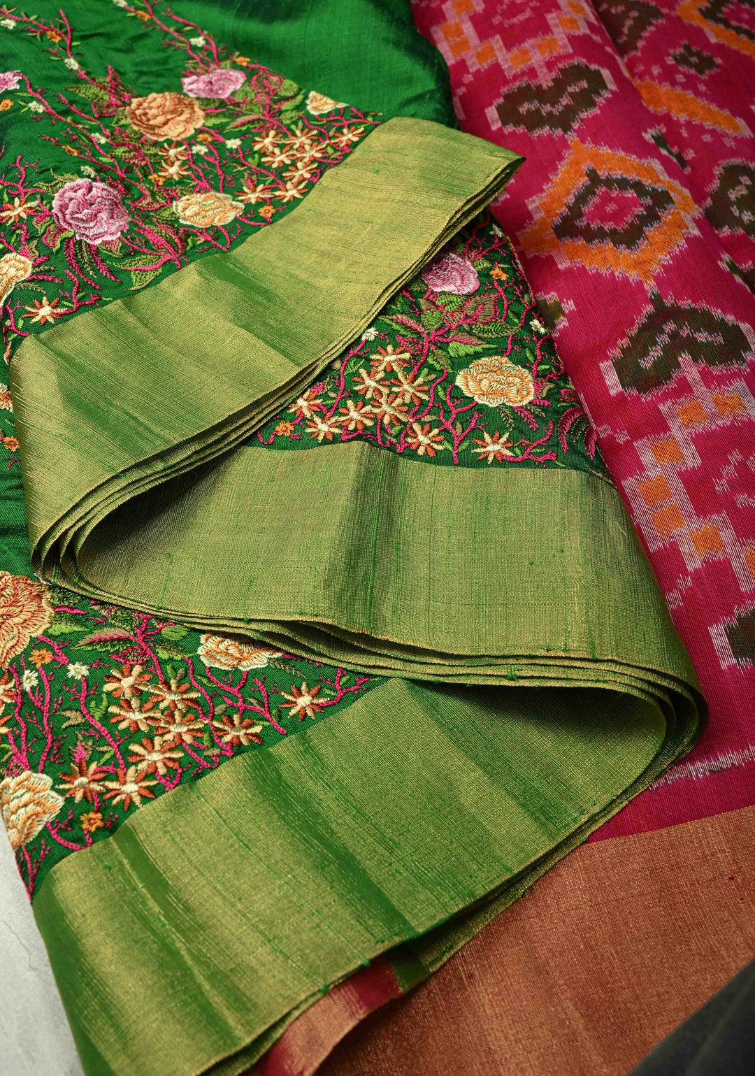 Green Pure Raw Silk Saree with Floral Embroidery and Ikkat Pallu and Blouse Piece | SILK MARK CERTIFIED