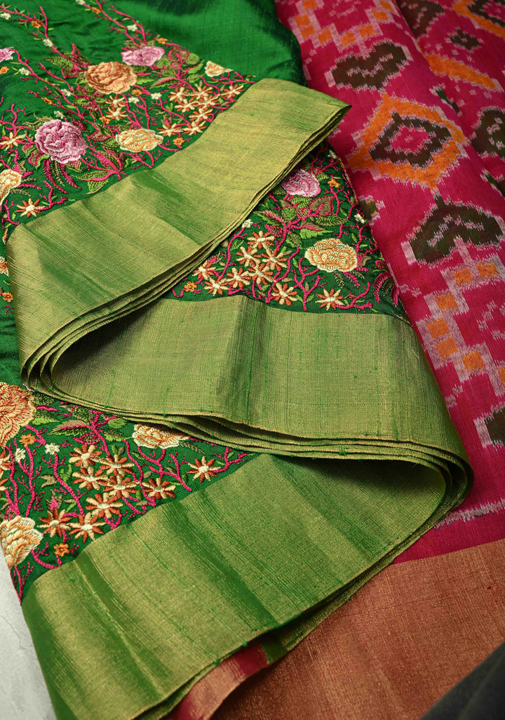 Green Pure Raw Silk Saree with Floral Embroidery and Ikkat Pallu and Blouse Piece | SILK MARK CERTIFIED