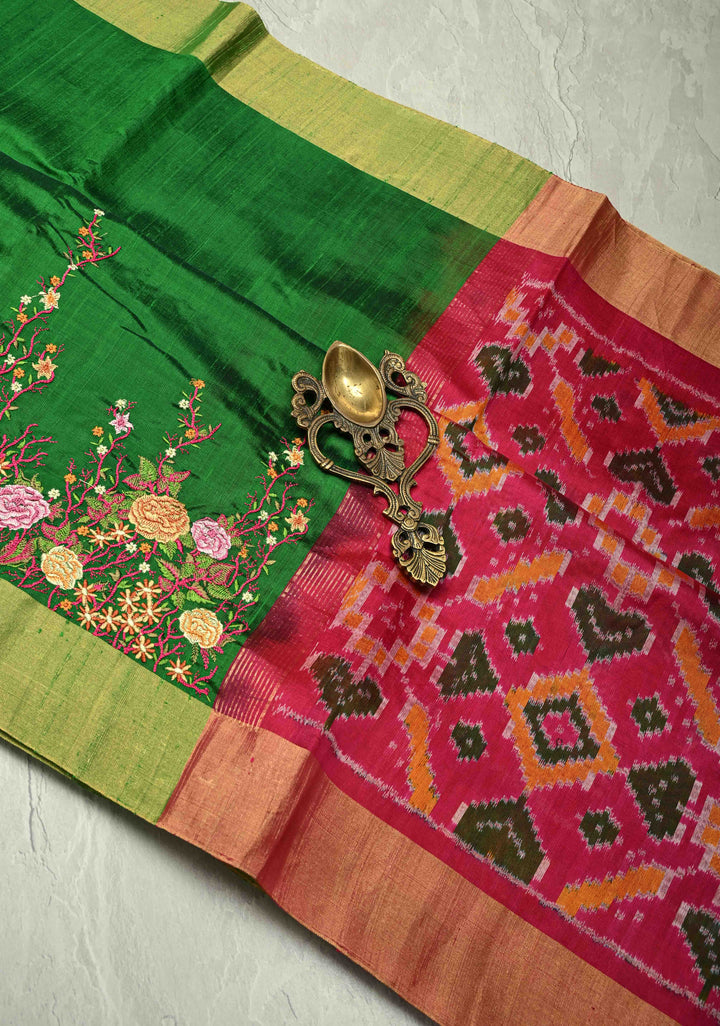 Green Pure Raw Silk Saree with Floral Embroidery and Ikkat Pallu and Blouse Piece | SILK MARK CERTIFIED