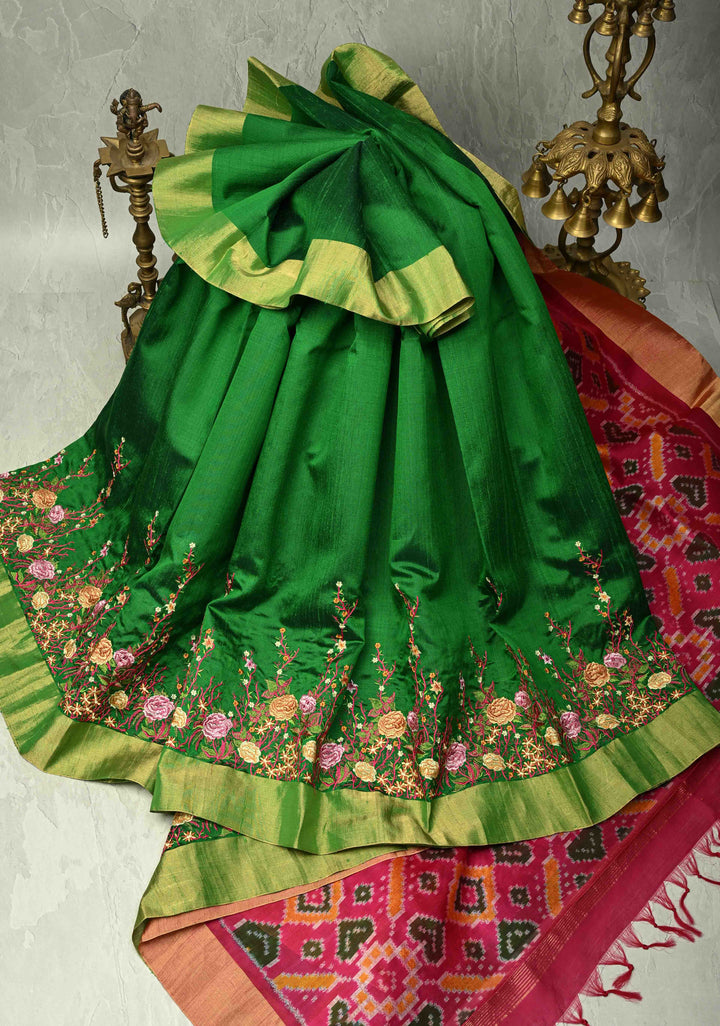 Green Pure Raw Silk Saree with Floral Embroidery and Ikkat Pallu and Blouse Piece | SILK MARK CERTIFIED