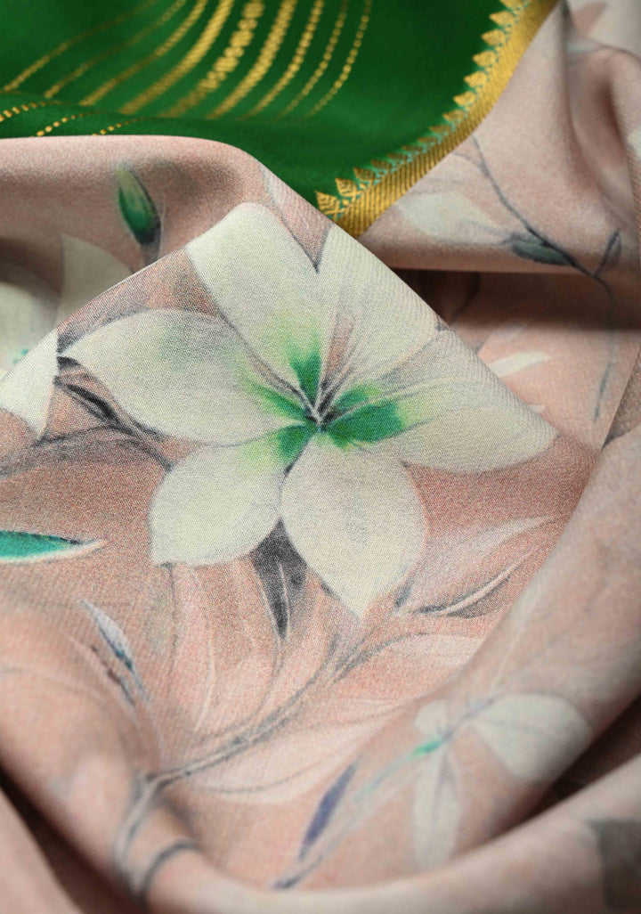 Pale Pink Mysore Silk Saree with Floral Digital Print and Contrast Zari Border |SILK MARK CERTIFIED