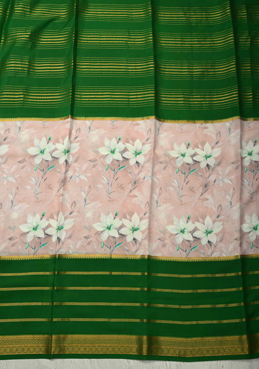 Pale Pink Mysore Silk Saree with Floral Digital Print and Contrast Zari Border |SILK MARK CERTIFIED