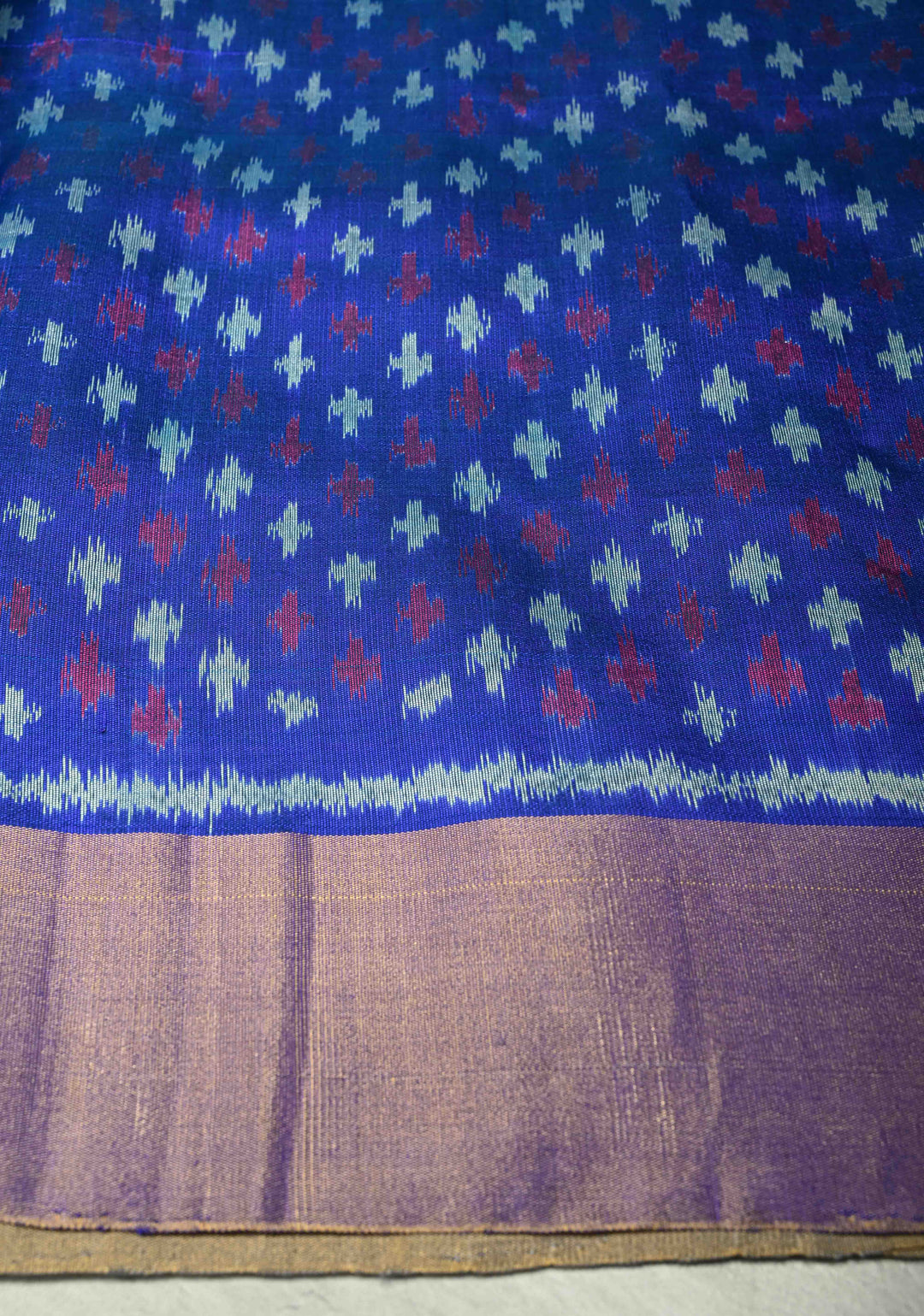 Gray Pure Raw Silk Saree with Cross Stitch Floral Embroidery and Ikkat Pallu, Blouse Piece | SILK MARK CERTIFIED