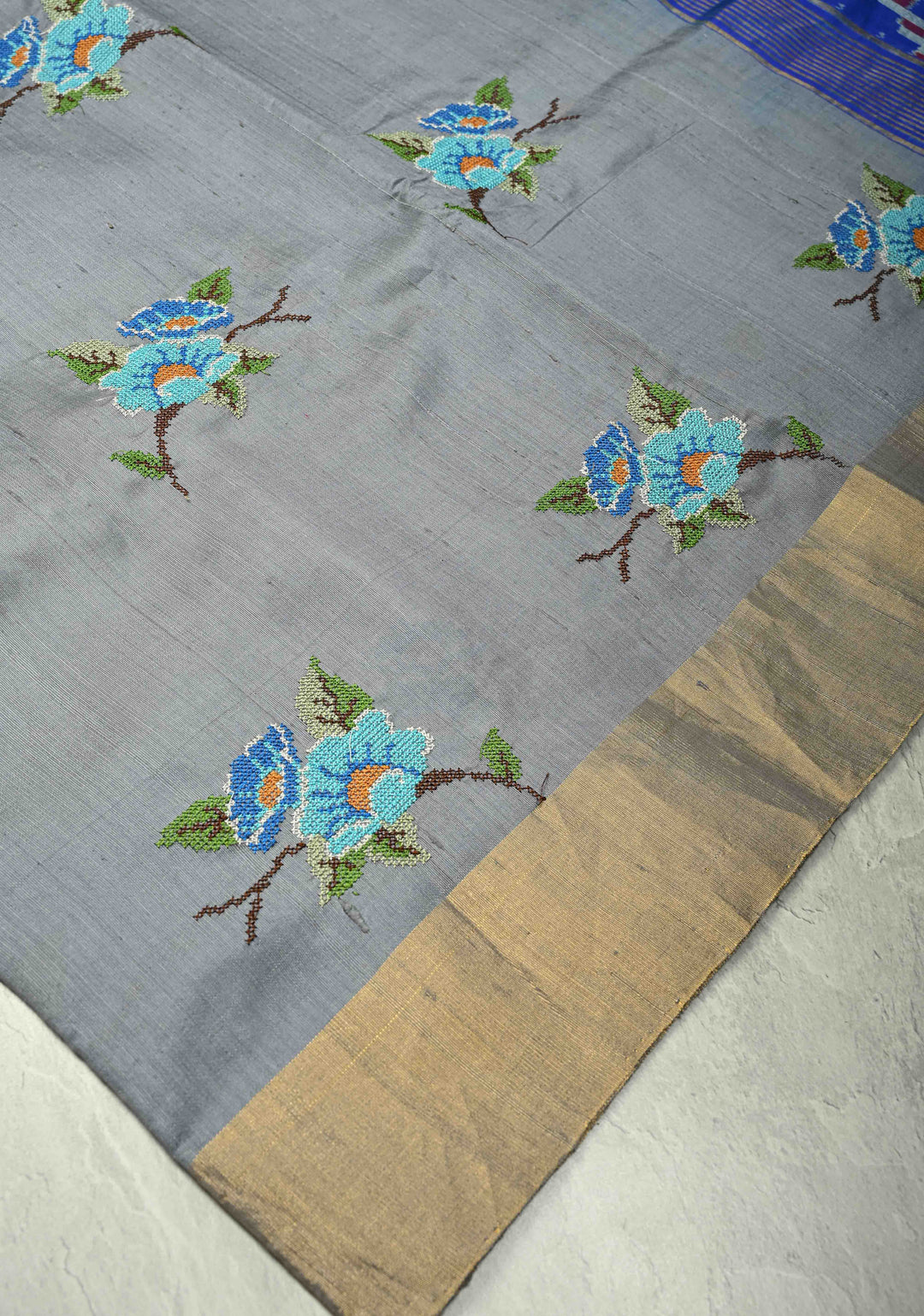 Gray Pure Raw Silk Saree with Cross Stitch Floral Embroidery and Ikkat Pallu, Blouse Piece | SILK MARK CERTIFIED
