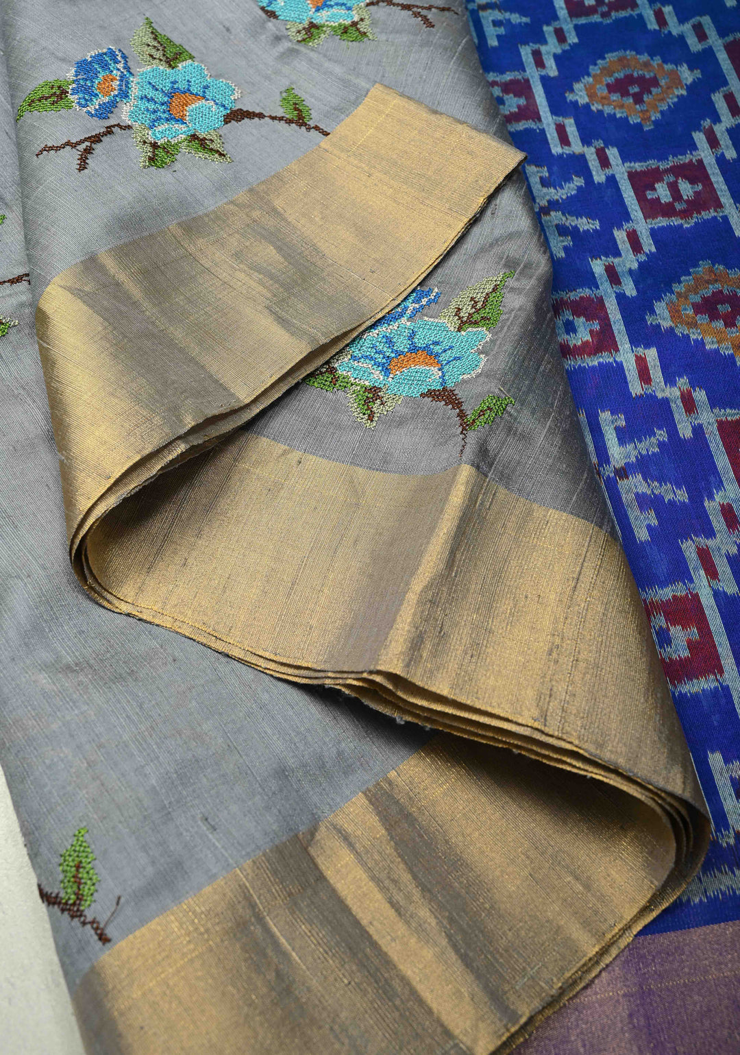 Gray Pure Raw Silk Saree with Cross Stitch Floral Embroidery and Ikkat Pallu, Blouse Piece | SILK MARK CERTIFIED