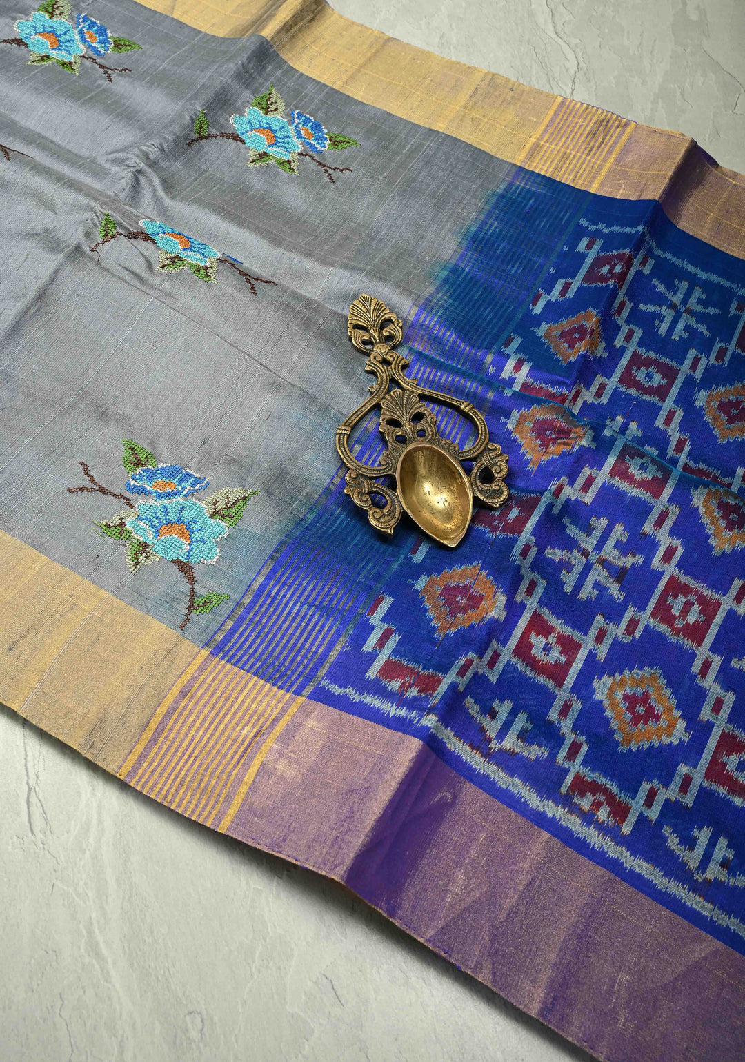 Gray Pure Raw Silk Saree with Cross Stitch Floral Embroidery and Ikkat Pallu, Blouse Piece | SILK MARK CERTIFIED