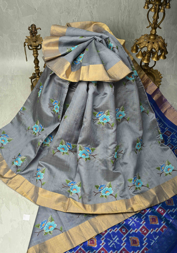 Gray Pure Raw Silk Saree with Cross Stitch Floral Embroidery and Ikkat Pallu, Blouse Piece | SILK MARK CERTIFIED