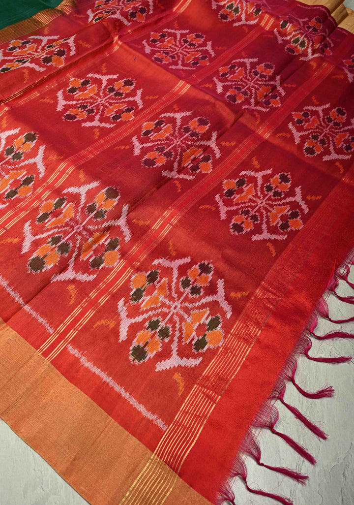 Dark Green Pure Raw Silk Saree with Floral Embroidery and Ikkat Pallu and Blouse Piece | SILK MARK CERTIFIED