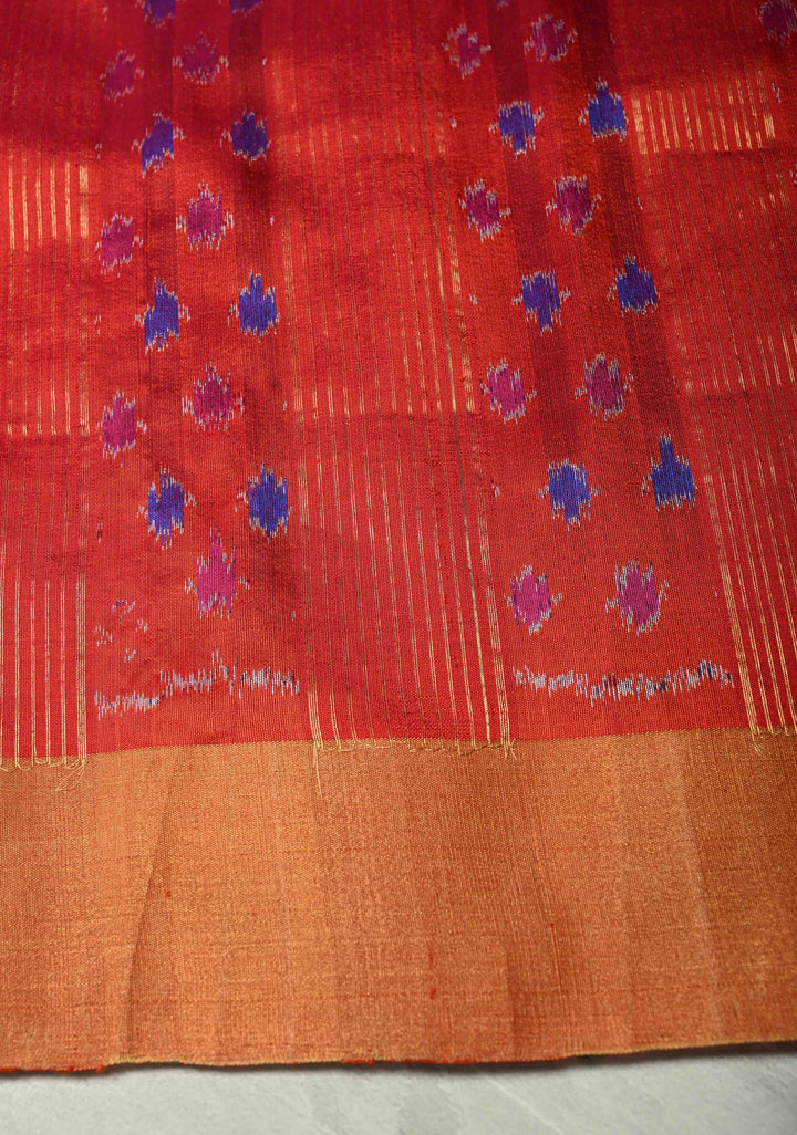 Dark Green Pure Raw Silk Saree with Floral Embroidery and Ikkat Pallu and Blouse Piece | SILK MARK CERTIFIED