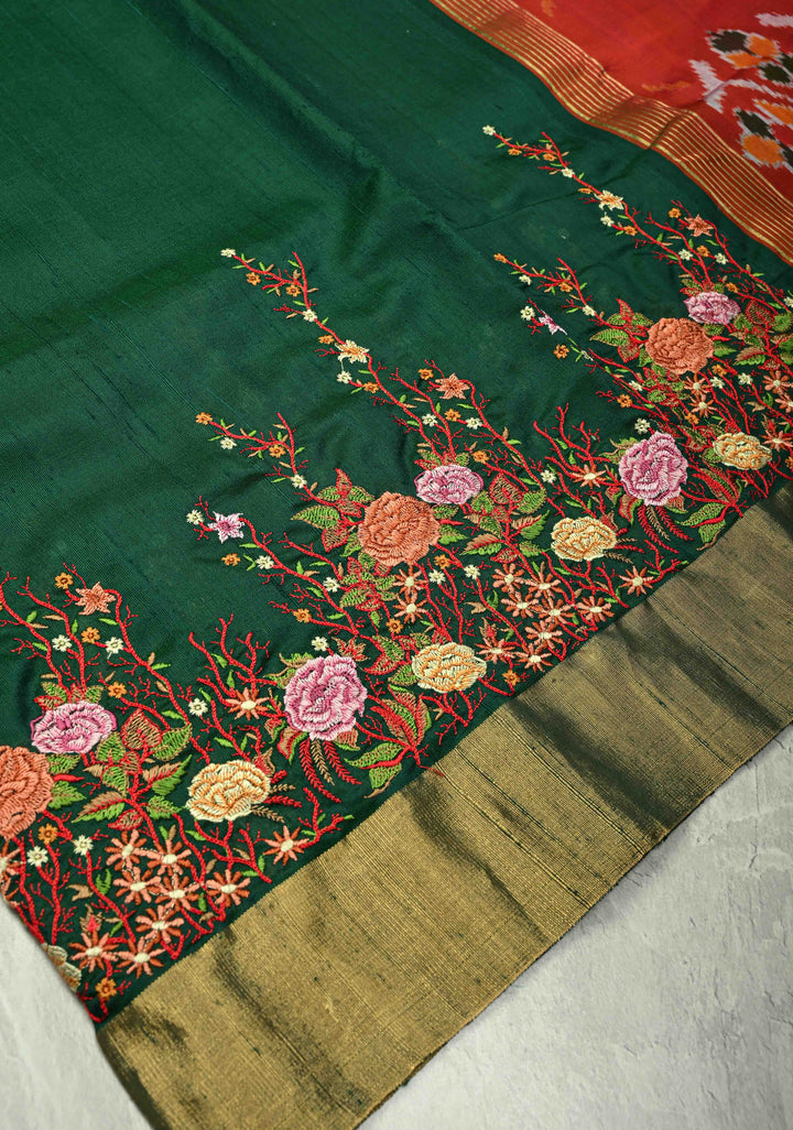 Dark Green Pure Raw Silk Saree with Floral Embroidery and Ikkat Pallu and Blouse Piece | SILK MARK CERTIFIED