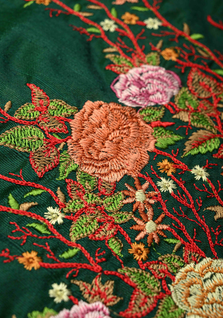 Dark Green Pure Raw Silk Saree with Floral Embroidery and Ikkat Pallu and Blouse Piece | SILK MARK CERTIFIED