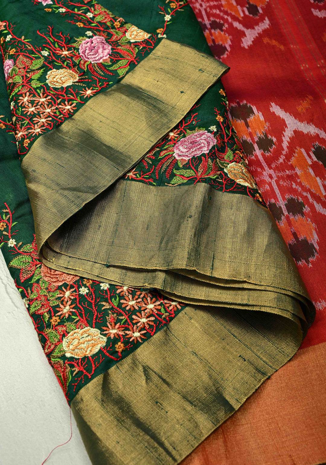 Dark Green Pure Raw Silk Saree with Floral Embroidery and Ikkat Pallu and Blouse Piece | SILK MARK CERTIFIED