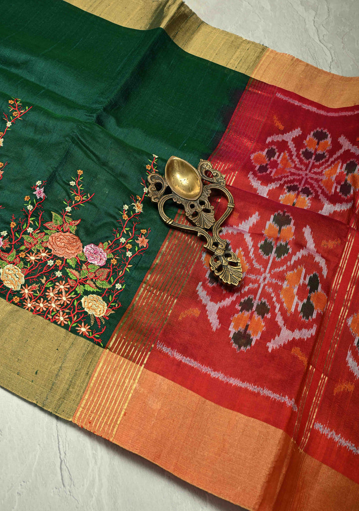 Dark Green Pure Raw Silk Saree with Floral Embroidery and Ikkat Pallu and Blouse Piece | SILK MARK CERTIFIED