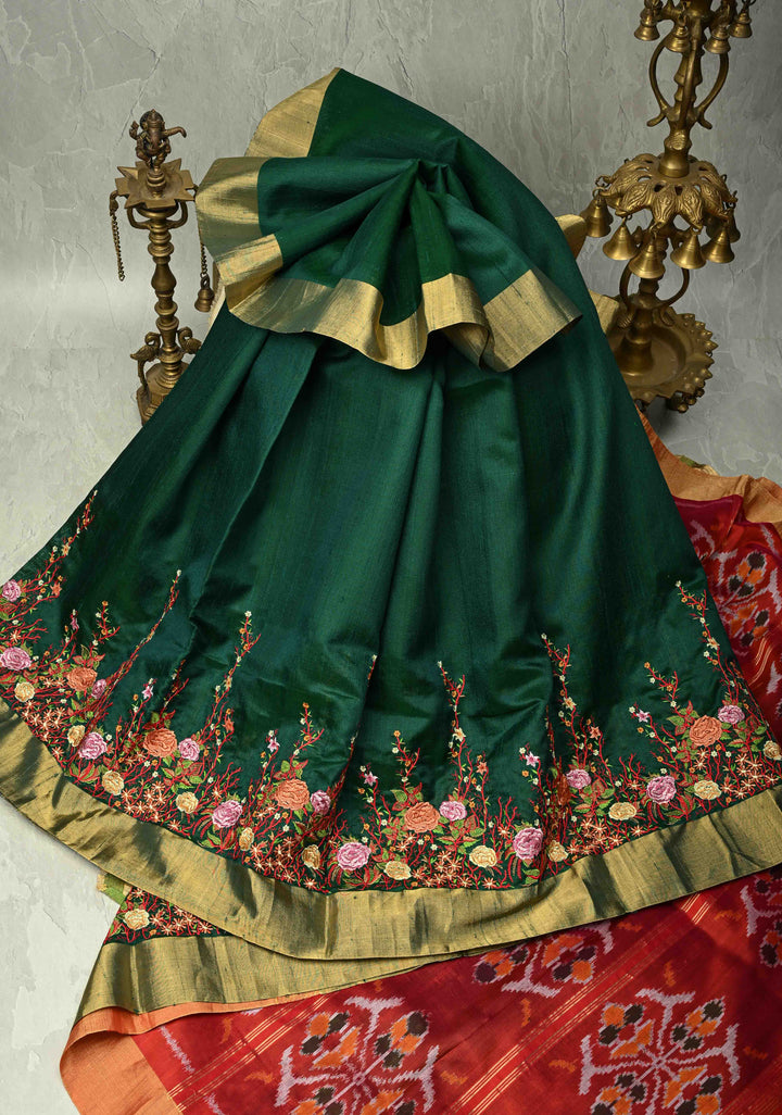Dark Green Pure Raw Silk Saree with Floral Embroidery and Ikkat Pallu and Blouse Piece | SILK MARK CERTIFIED