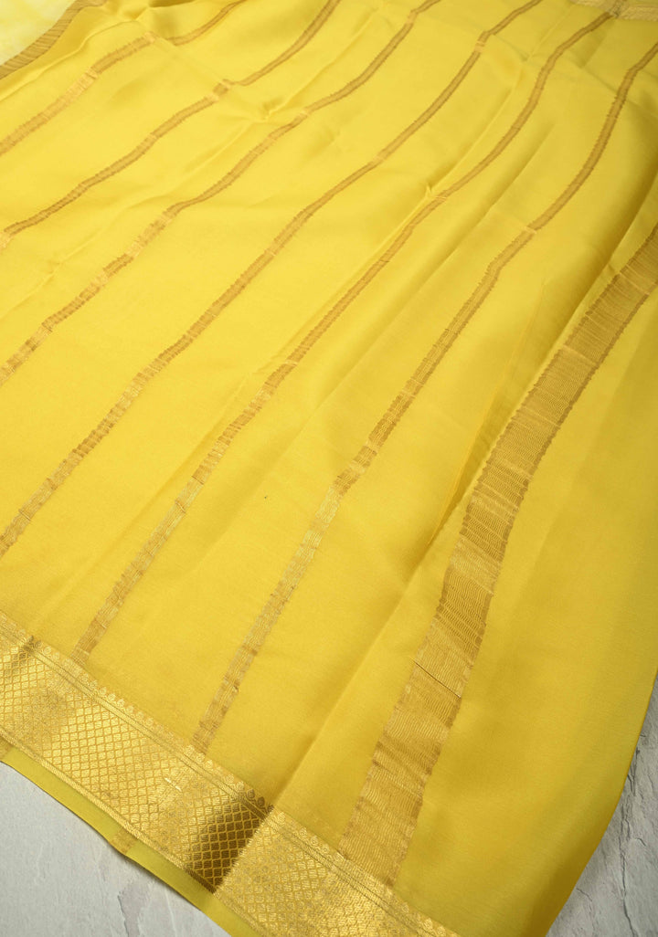 Yellow-Cream Mysore Crepe Silk Saree with Shibori Dye and Zari Borders | SILK MARK CERTIFIED