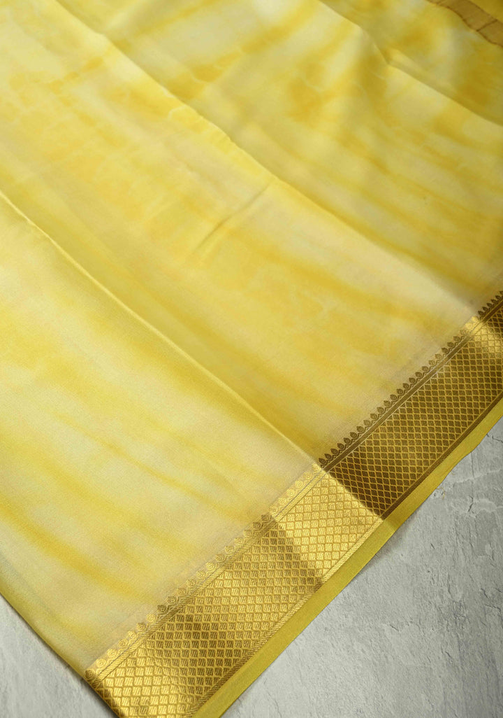 Yellow-Cream Mysore Crepe Silk Saree with Shibori Dye and Zari Borders | SILK MARK CERTIFIED