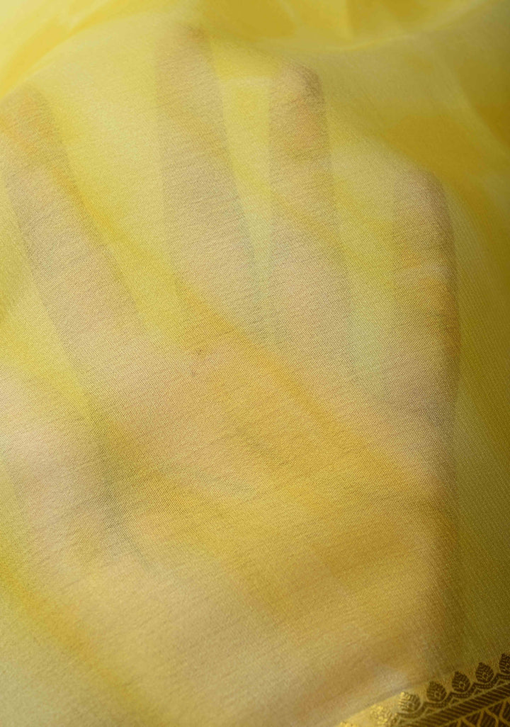 Yellow-Cream Mysore Crepe Silk Saree with Shibori Dye and Zari Borders | SILK MARK CERTIFIED