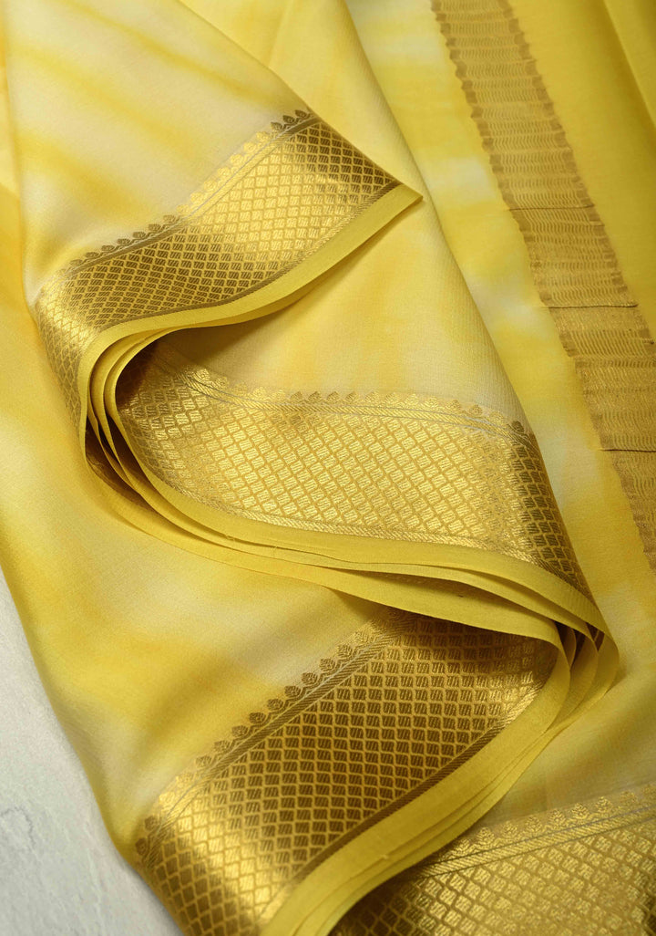 Yellow-Cream Mysore Crepe Silk Saree with Shibori Dye and Zari Borders | SILK MARK CERTIFIED
